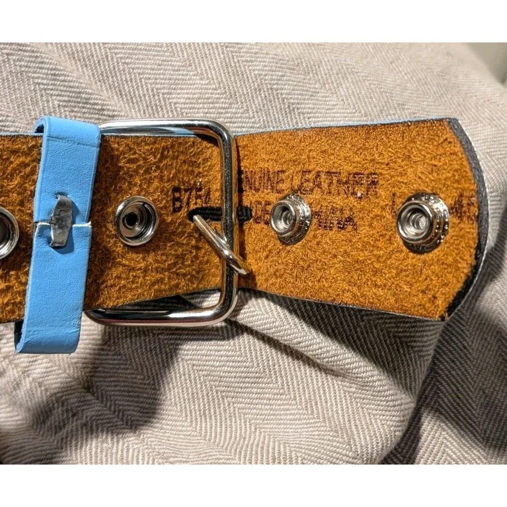 Snap Punk Rock Star Skate Pyramid Studded Checker Board Leather Light Blue Belt